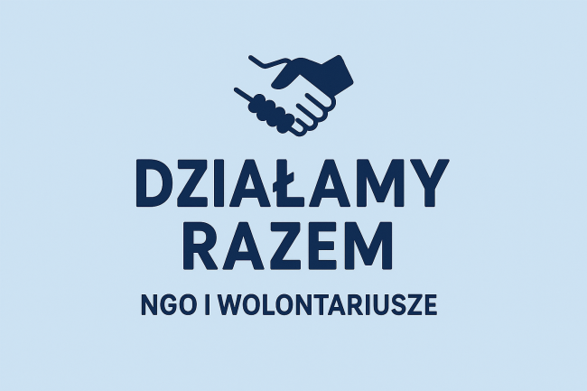Dwie dłonie w uścisku i napis: "DZIAŁAMY RAZEM"